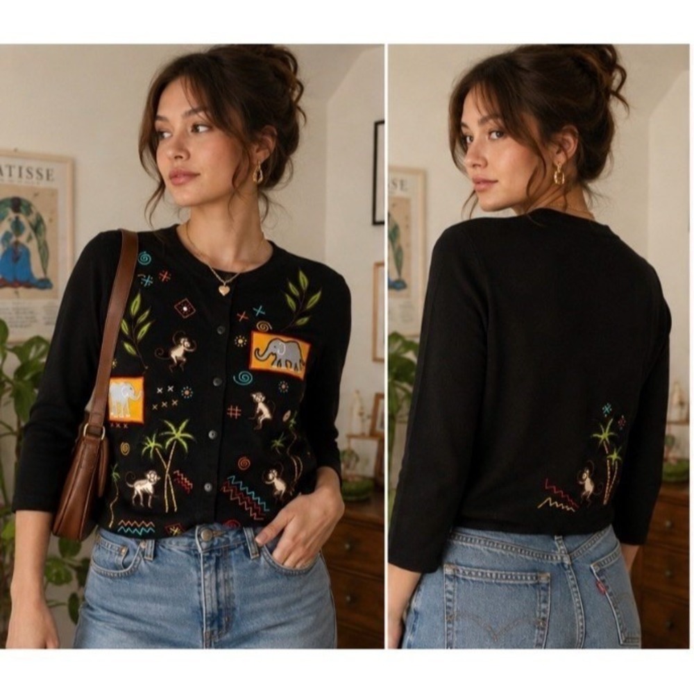 Vintage Onque Casuals Jungle Embroidered Cardigan Top Womens S Monkey‎ Elephant